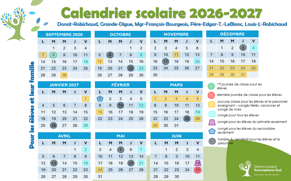 Calendriers scolaires 2026 2027 Communaute de Shediac